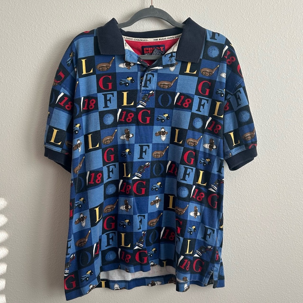 Pivot Rules Golf Print Polo‎ Shirt Blue Multi Color Men's Medium Short Sleeve